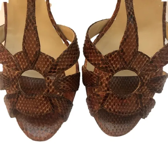 Jimmy Choo Chestnut Snakeskin Leather Strappy Heeled Sandals 38.5 EPC