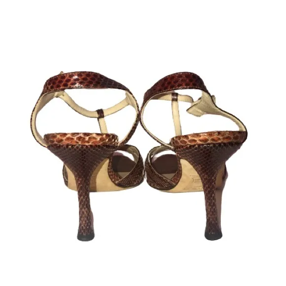 Jimmy Choo Chestnut Snakeskin Leather Strappy Heeled Sandals 38.5 EPC