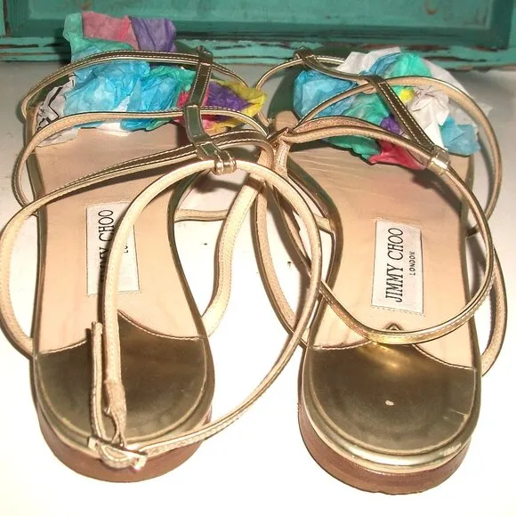 Jimmy Choo Flat Gold-Patent Strappy Ankle Strap/T-Strap Sandals