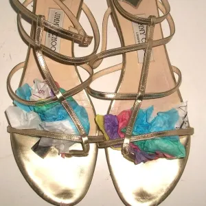 Jimmy Choo Flat Gold-Patent Strappy Ankle Strap/T-Strap Sandals