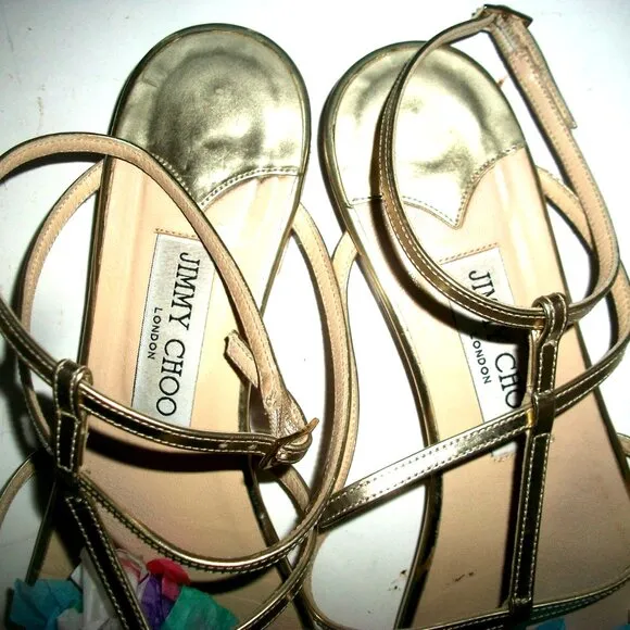 Jimmy Choo Flat Gold-Patent Strappy Ankle Strap/T-Strap Sandals