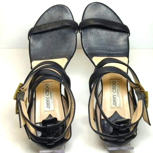 Jimmy Choo London black strappy gladiator wedge flat sandals womans size 9.5