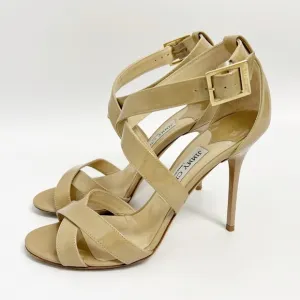 Jimmy Choo Lottie Crisscross Nude Beige Patent Leather Sandal Pump 38.5