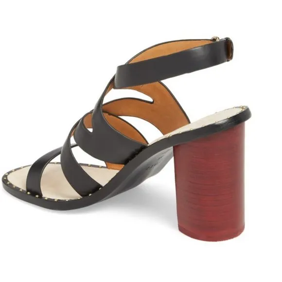 JOIE Black Leather Strappy Block Heel Sandals