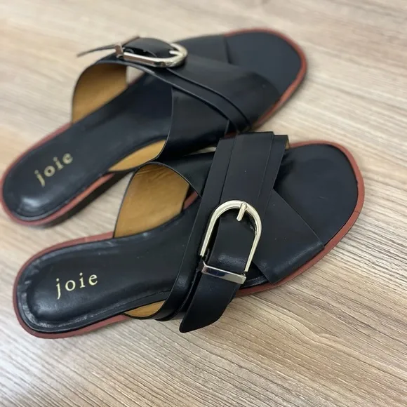 JOIE Panther Crisscross Black Leather Flat Slide Sandals - Size 37.5 7.5