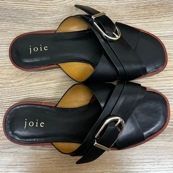 JOIE Panther Crisscross Black Leather Flat Slide Sandals - Size 37.5 7.5