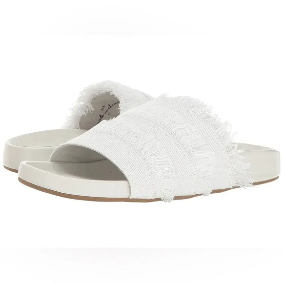 Joie Women's Jaden Slide Flat Sandals White Leather Denim Fringe Frayed 36.5 6.5