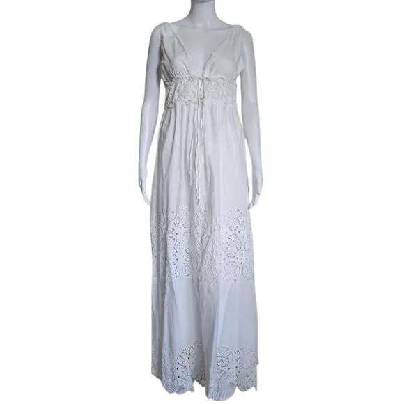 Jonathan Simkhai White Waverly Floral Smocked Maxi Sz XS Eyelet Lace Boho Cotton