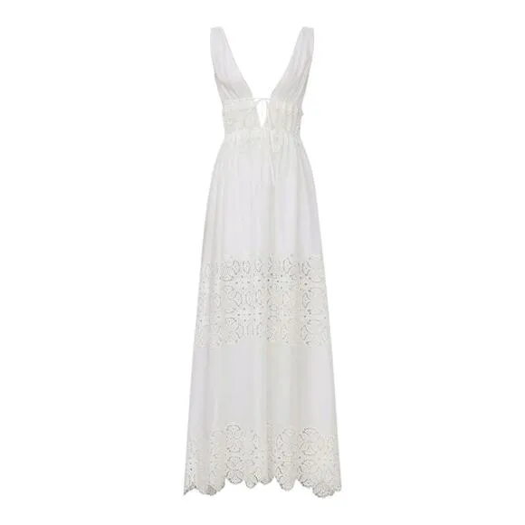 Jonathan Simkhai White Waverly Floral Smocked Maxi Sz XS Eyelet Lace Boho Cotton