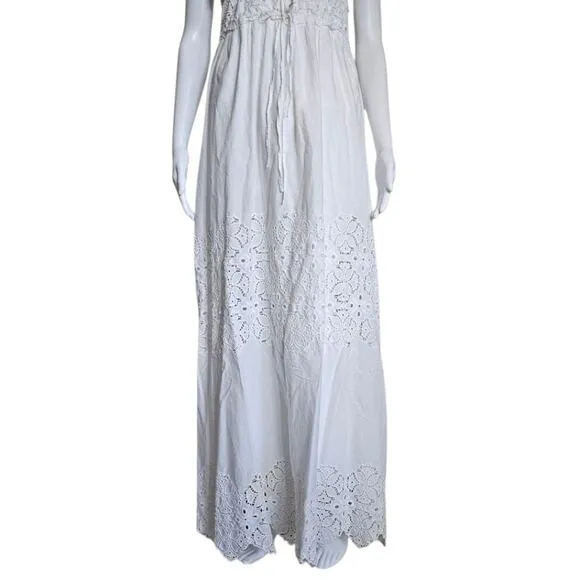 Jonathan Simkhai White Waverly Floral Smocked Maxi Sz XS Eyelet Lace Boho Cotton