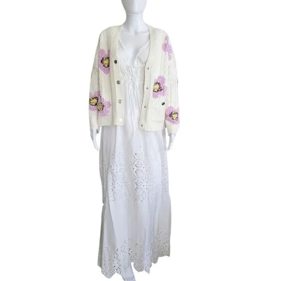 Jonathan Simkhai White Waverly Floral Smocked Maxi Sz XS Eyelet Lace Boho Cotton