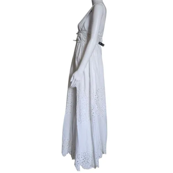 Jonathan Simkhai White Waverly Floral Smocked Maxi Sz XS Eyelet Lace Boho Cotton