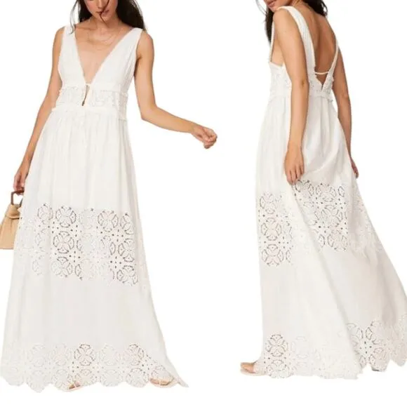 Jonathan Simkhai White Waverly Floral Smocked Maxi Sz XS Eyelet Lace Boho Cotton
