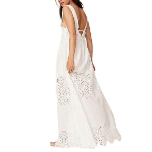 Jonathan Simkhai White Waverly Floral Smocked Maxi Sz XS Eyelet Lace Boho Cotton