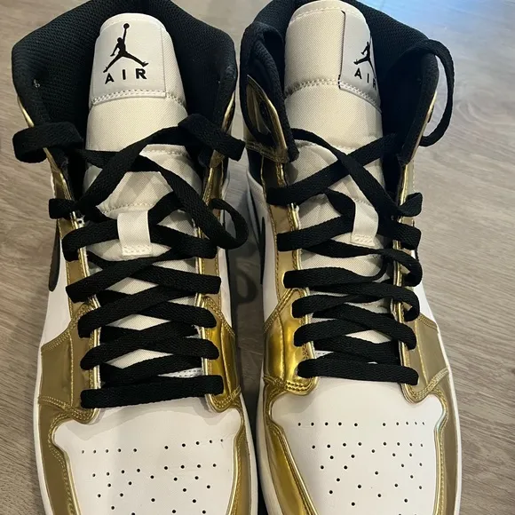 Jordan White and Gold High-Top Sneakers with Iconic Design