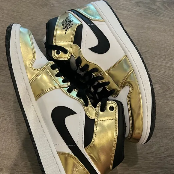 Jordan White and Gold High-Top Sneakers with Iconic Design