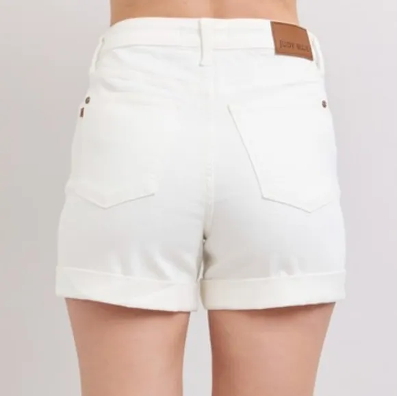 Judy Blue High Rise Tummy Control Rolled Cuffed Boyfriend Jean White Denim Short
