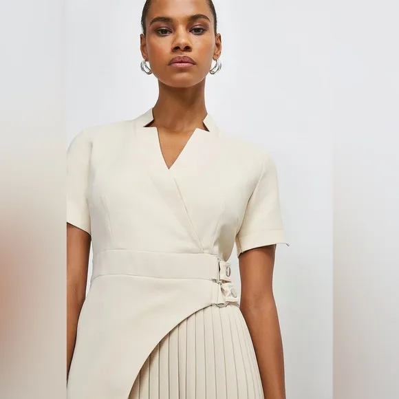 Karen Millen Tailored Military Pleat Notch Neck Wrap Mini Dress - Size US 8