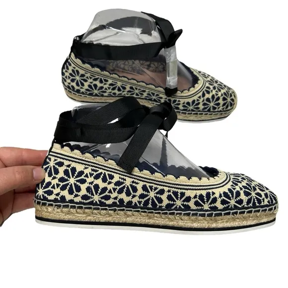 Kate Spade Knottingham Knit Espadrilles Flats Navy Cream Eyelet Lace Jute Size 8