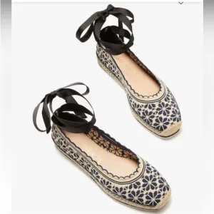 Kate Spade Knottingham Knit Espadrilles Flats Navy Cream Eyelet Lace Jute Size 8