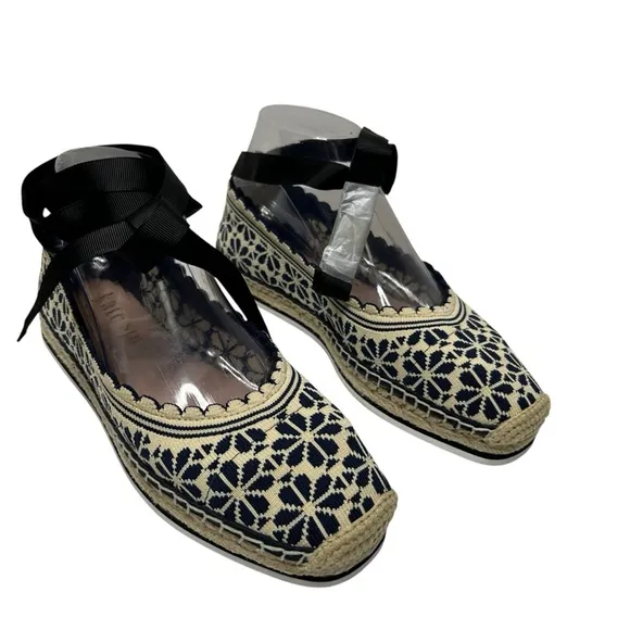 Kate Spade Knottingham Knit Espadrilles Flats Navy Cream Eyelet Lace Jute Size 8