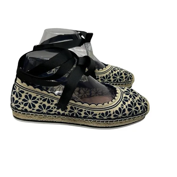 Kate Spade Knottingham Knit Espadrilles Flats Navy Cream Eyelet Lace Jute Size 8