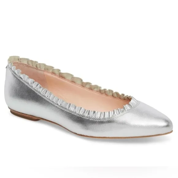 Kate Spade Silver Pointed Toe Ballet Flats with ruffle detail size 9 EUC