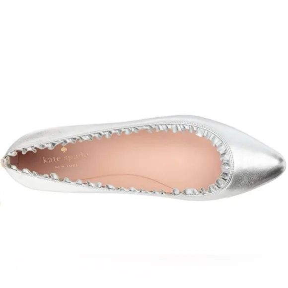 Kate Spade Silver Pointed Toe Ballet Flats with ruffle detail size 9 EUC
