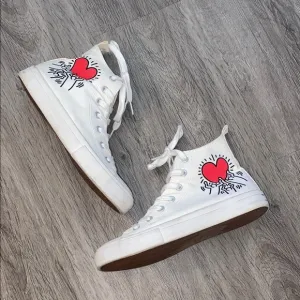 Keith Haring White High-Top Sneakers with Artist Heart Design