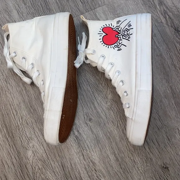 Keith Haring White High-Top Sneakers with Artist Heart Design