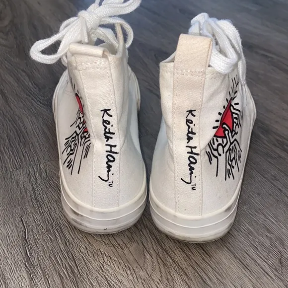 Keith Haring White High-Top Sneakers with Artist Heart Design