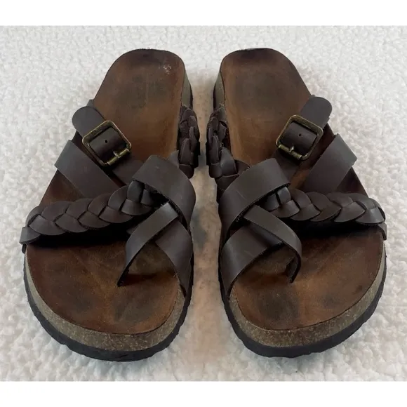 KOHL’S • Dark Brown Leather Strappy Criss-Cross Slide Sandals
