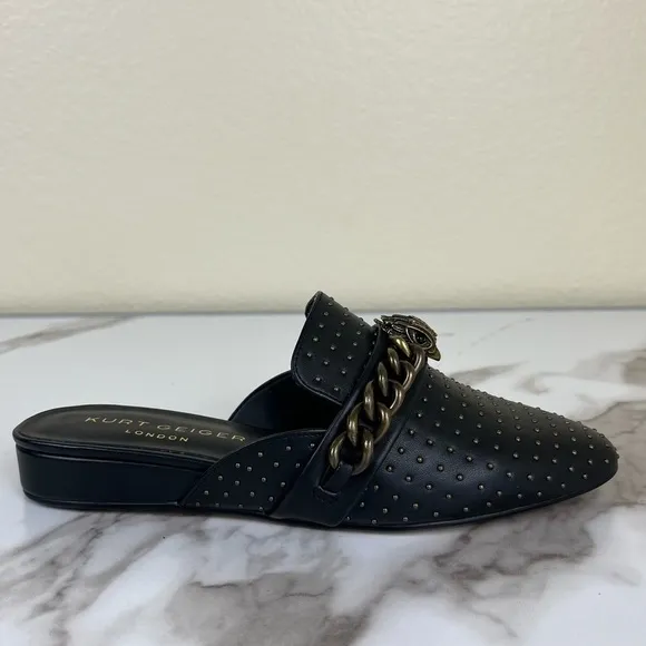 Kurt Geiger Black Cow Leather Chelsea Mule NEW Flats Chain Studded Pointed Toe