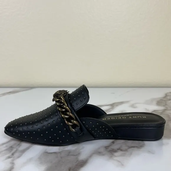 Kurt Geiger Black Cow Leather Chelsea Mule NEW Flats Chain Studded Pointed Toe