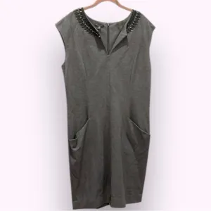 Lafayette 148 shift dress bejeweled charcoal gray v neck 14
