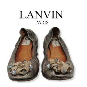 Lanvin Bronze Satin Jeweled Embellished Ballerina Ballet Flats