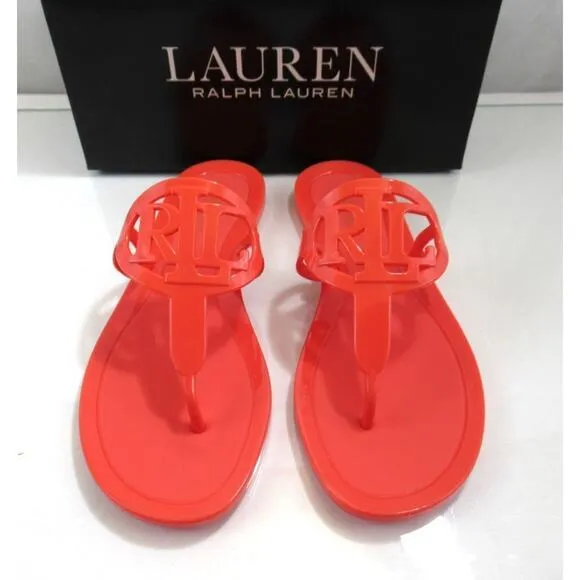 Lauren Ralph Lauren Audrie Jelly Logo Slide Thong Sandal Flat Heel Orange Size 7