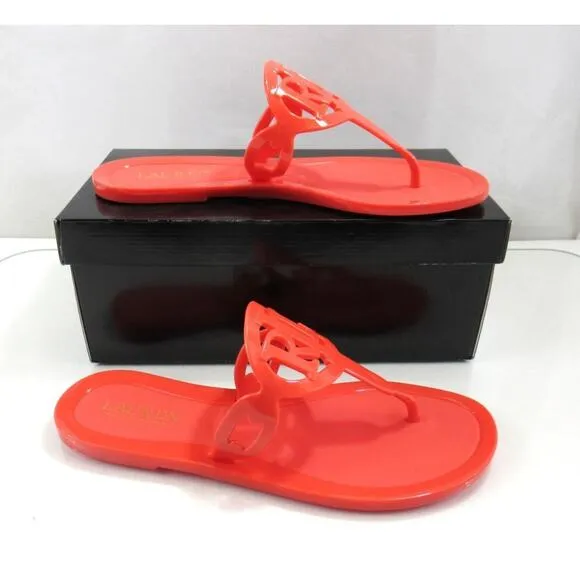 Lauren Ralph Lauren Audrie Jelly Logo Slide Thong Sandal Flat Heel Orange Size 7