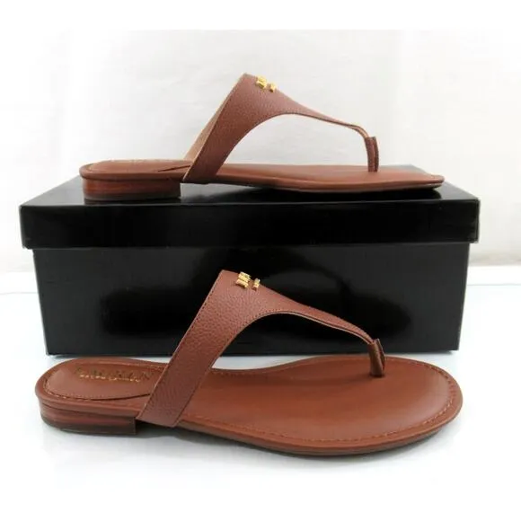 Lauren Ralph Lauren Ellah Flat Thong Sandals Tumbled Leather Polo Tan