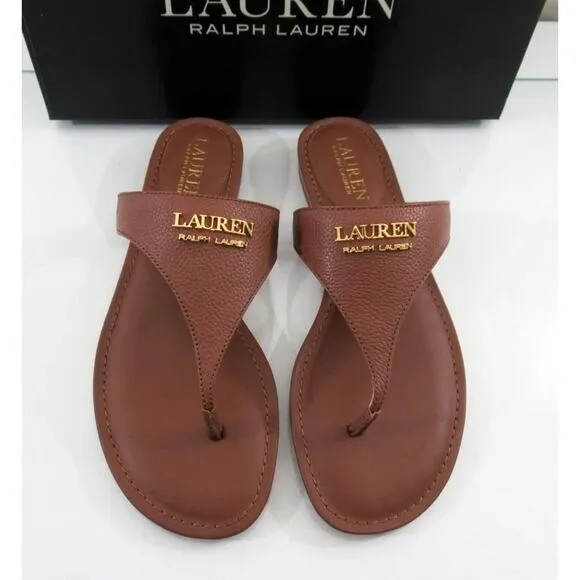 Lauren Ralph Lauren Ellah Flat Thong Sandals Tumbled Leather Polo Tan