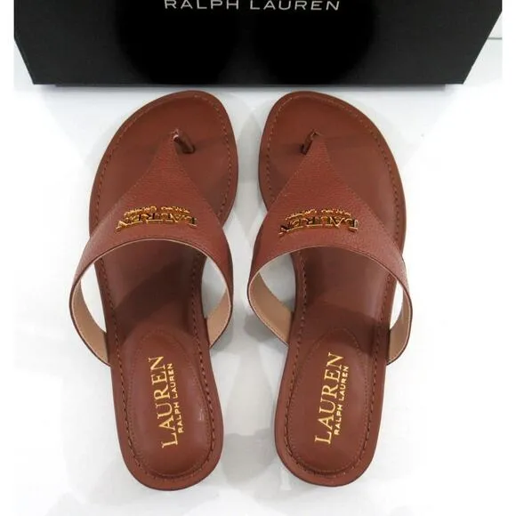 Lauren Ralph Lauren Ellah Flat Thong Sandals Tumbled Leather Polo Tan
