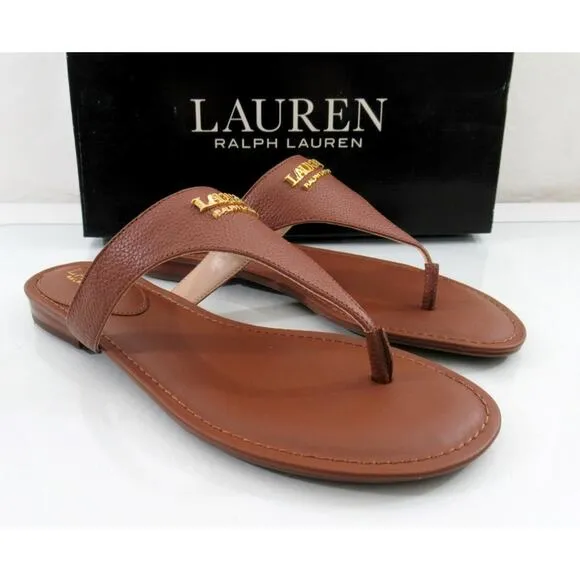 Lauren Ralph Lauren Ellah Flat Thong Sandals Tumbled Leather Polo Tan