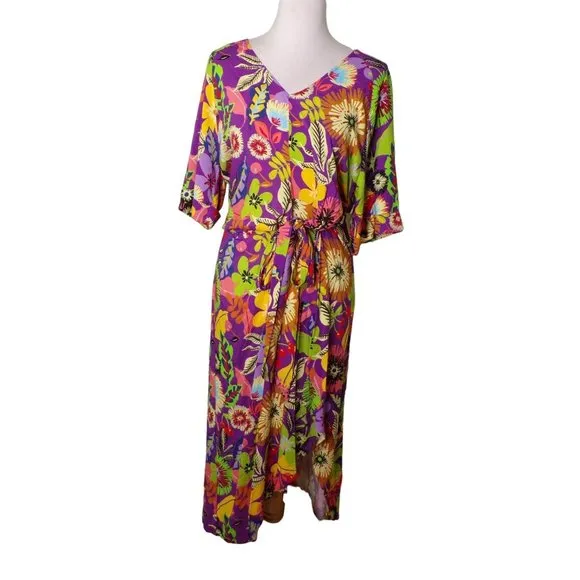 LE SUPERBE Floral Muse Asymmetric Tie Front Midi Dress 8 NEW