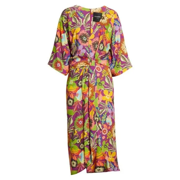 LE SUPERBE Floral Muse Asymmetric Tie Front Midi Dress 8 NEW