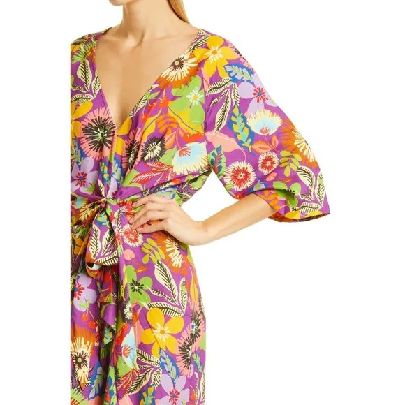LE SUPERBE Floral Muse Asymmetric Tie Front Midi Dress 8 NEW