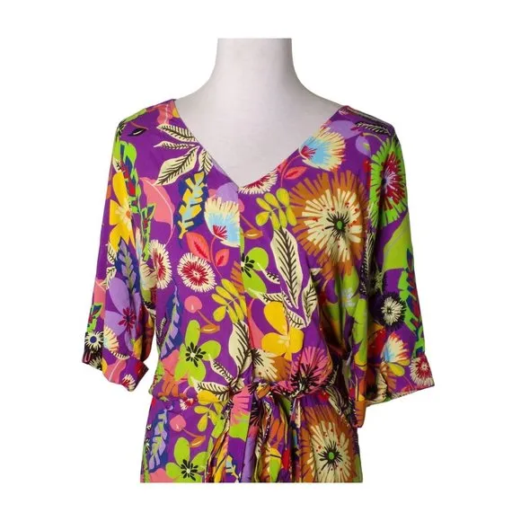 LE SUPERBE Floral Muse Asymmetric Tie Front Midi Dress 8 NEW