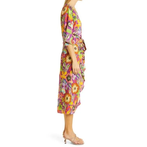 LE SUPERBE Floral Muse Asymmetric Tie Front Midi Dress 8 NEW