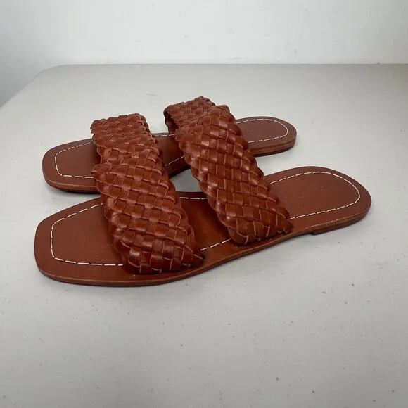 Loeffler Randall Jonah Brown Leather Two Band Flat Slide Sandals Size 6