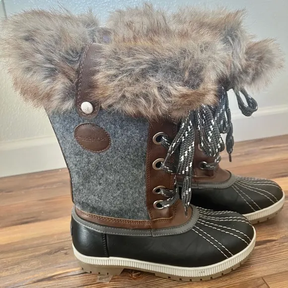 London Fog Snow Boots Faux Fur Trim size 8