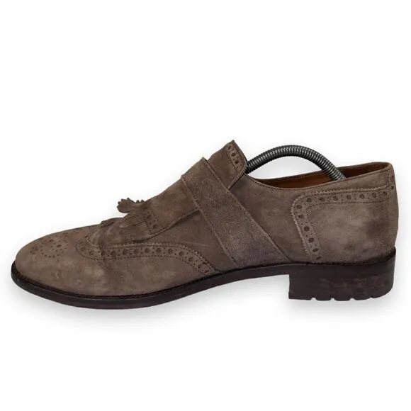 Lottusse Plomo Suede Monk Strap Kiltie Wingtip Loafers Brown L7128 Men's 9.5